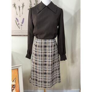 Vintage 60s 70s Brown Collared Plaid Dress Twee Academia Heritage Old Preppy XS